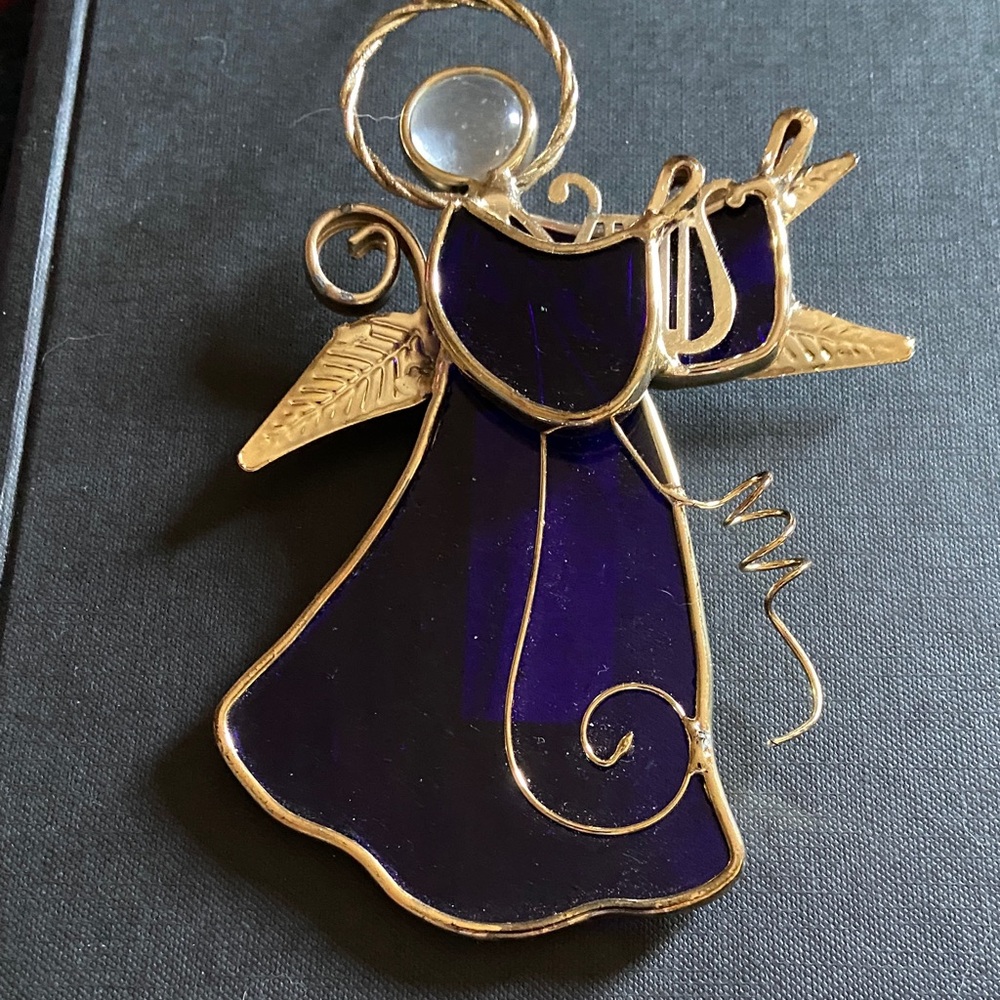 Stained glass Gold tone cobalt blue Angel Christmas ornament window decoration